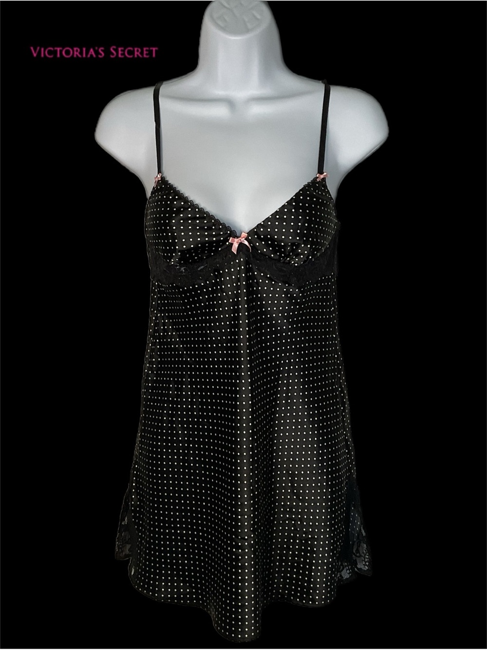 Victoria's Secret XS Black Satin Polka Dot Sexy Chemise Lace Slip Y2K - Picture 4 of 16
